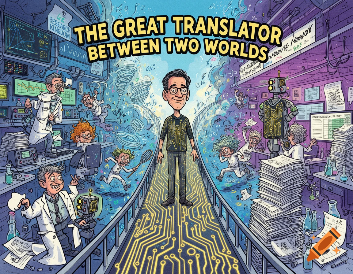 A colorful comic illustration shows a man standing on a PCB bridge, connecting a chaotic blue lab with scientists and swirling formulas on the left to a purple lab with more scientists and a robot on the right. Text at the top reads, "THE GREAT TRANSLATOR BETWEEN TWO WORLDS."