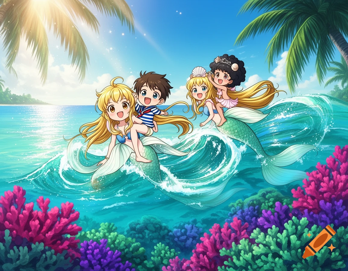 Two anime children ride on the backs of two blonde mermaids in a vibrant tropical ocean with coral reefs and palm trees.