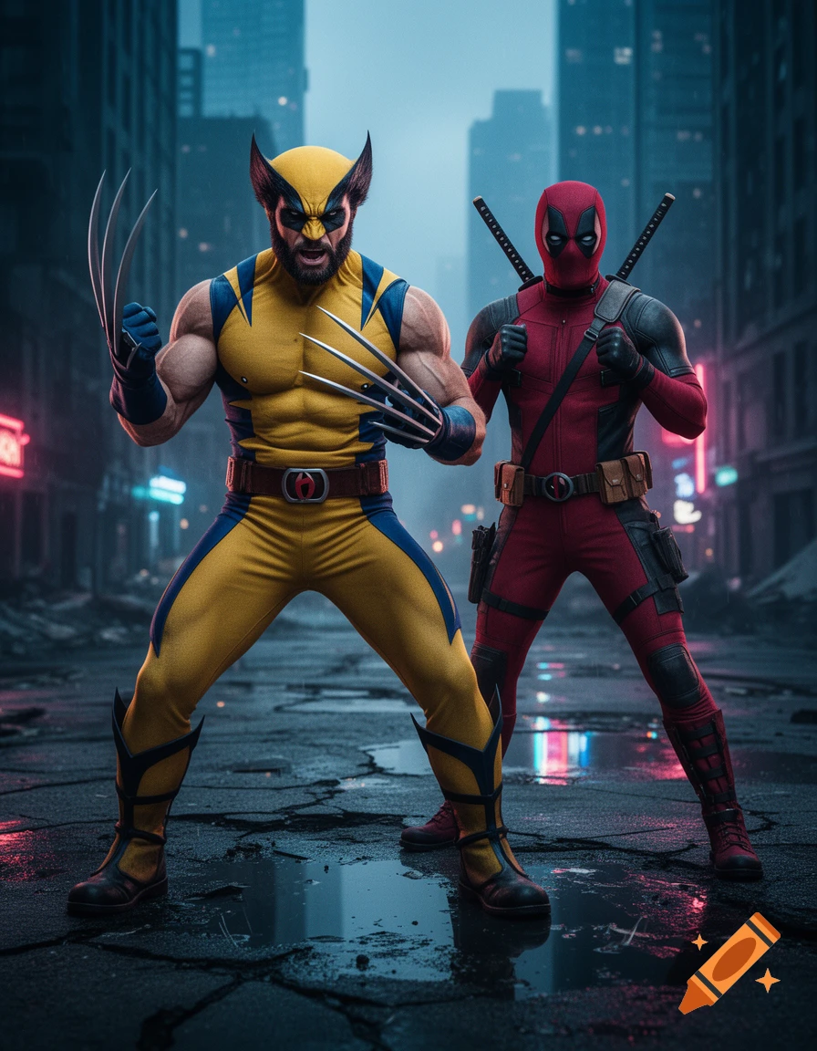Photorealistic image of Wolverine and Deadpool standing heroically in a rainy city street at night.