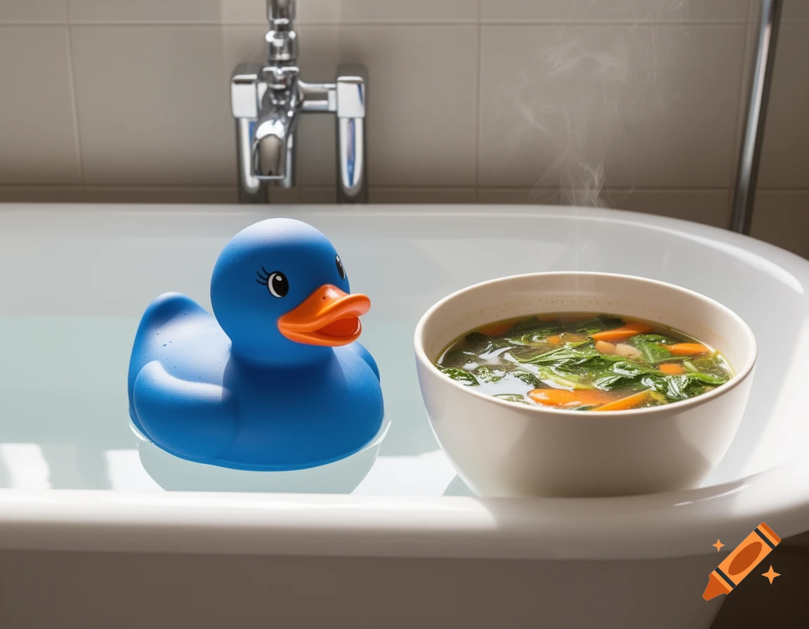A blue rubber duck floats in a white bathtub next to a steaming bowl of vegetable soup, in a photorealistic style.