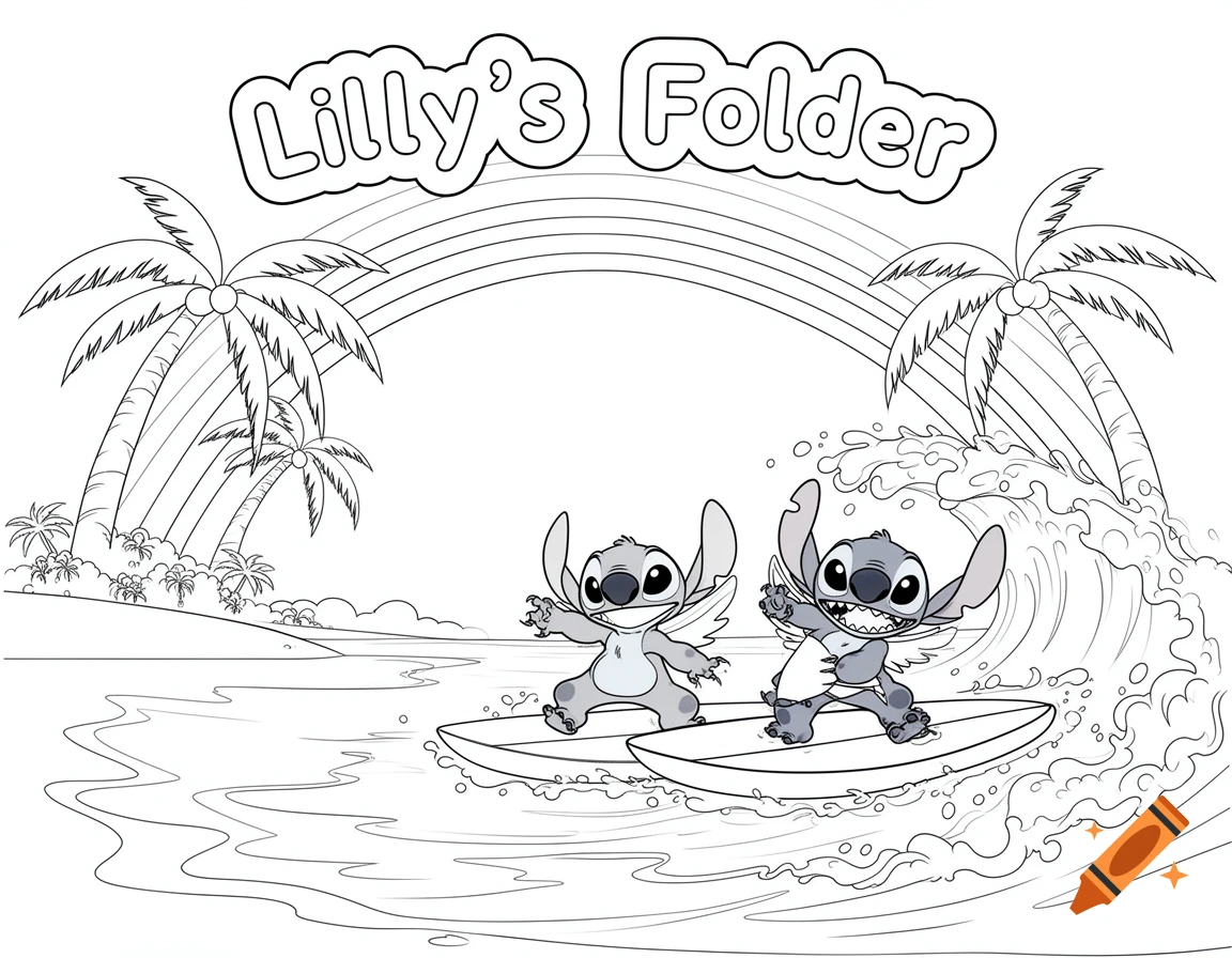 A coloring page showing Stitch and Angel surfing a wave on a tropical beach with palm trees, a rainbow, and 'Lilly's Folder' text.