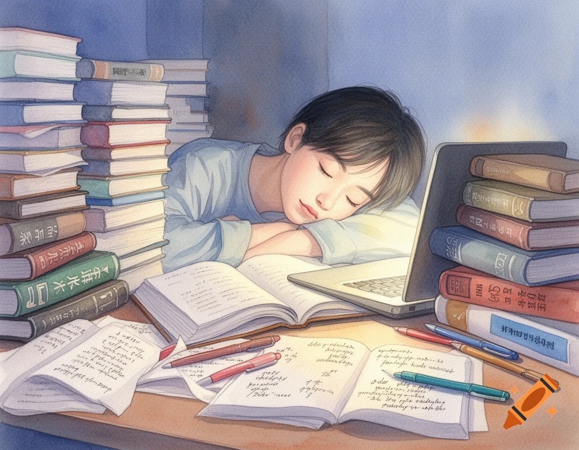 Watercolor painting of a student sleeping at a desk, surrounded by stacks of books and open notebooks. A laptop is next to them.