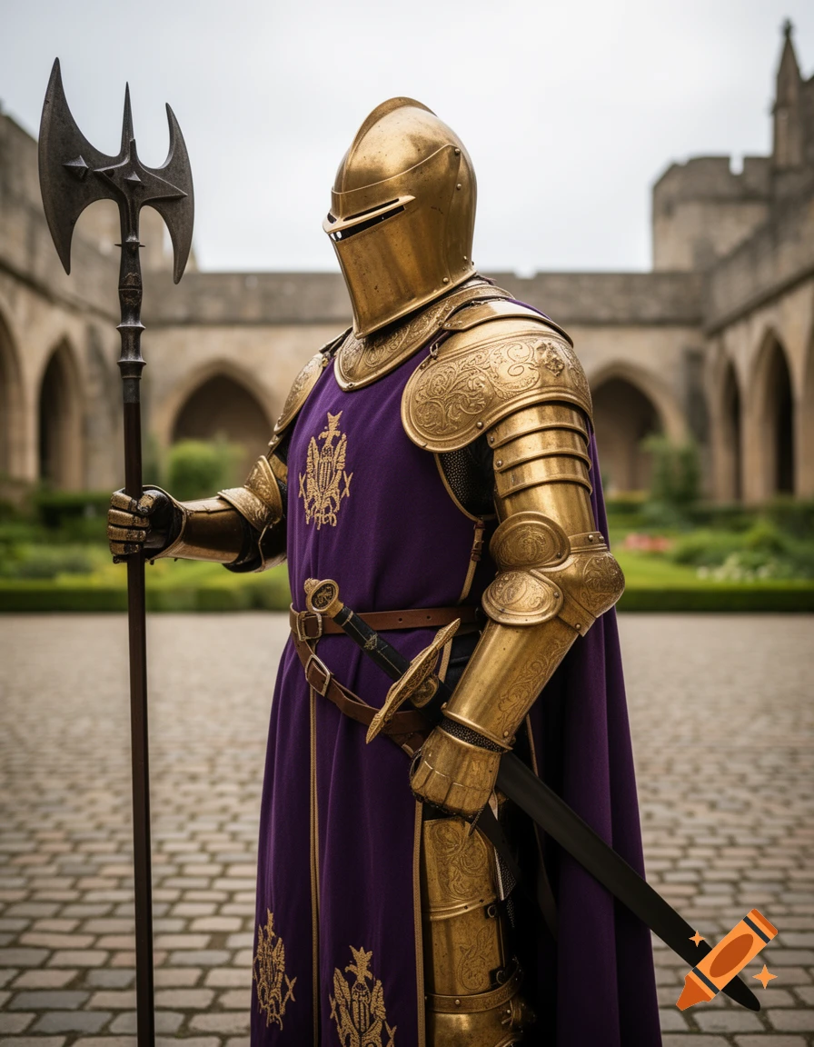 A knight in full golden armor, wearing a purple tabard, holds a poleaxe and has a sheathed sword at their hip, standing in a castle courtyard.
