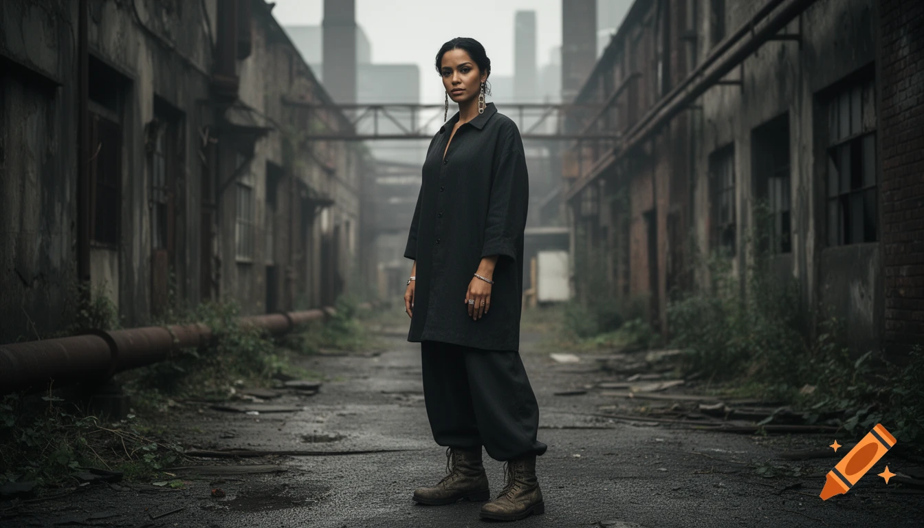 A woman in dark clothes stands in a desolate, industrial street with ruined buildings and rusty pipes, cinematic.