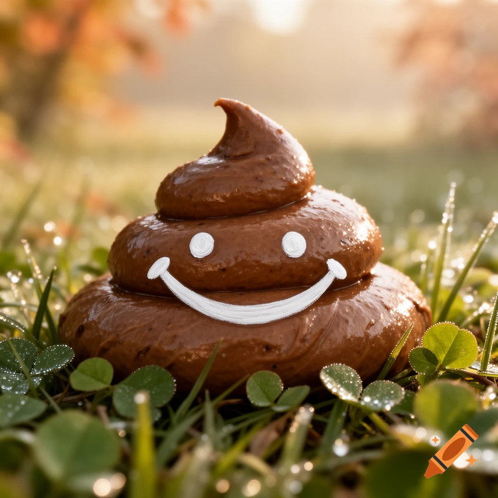 A photorealistic pile of poop with a cartoon smiley face, sitting in dewy green grass.