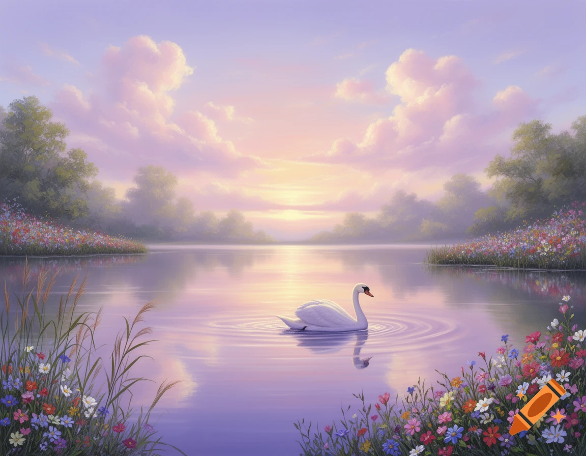 A serene painting of a white swan gracefully floating on a tranquil lake at sunset, surrounded by colorful wildflowers and lush trees.