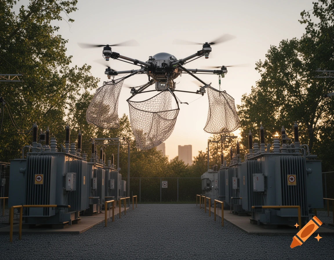 A large drone carrying three nets flies over an outdoor electrical substation with transformers at sunset, photorealistic.