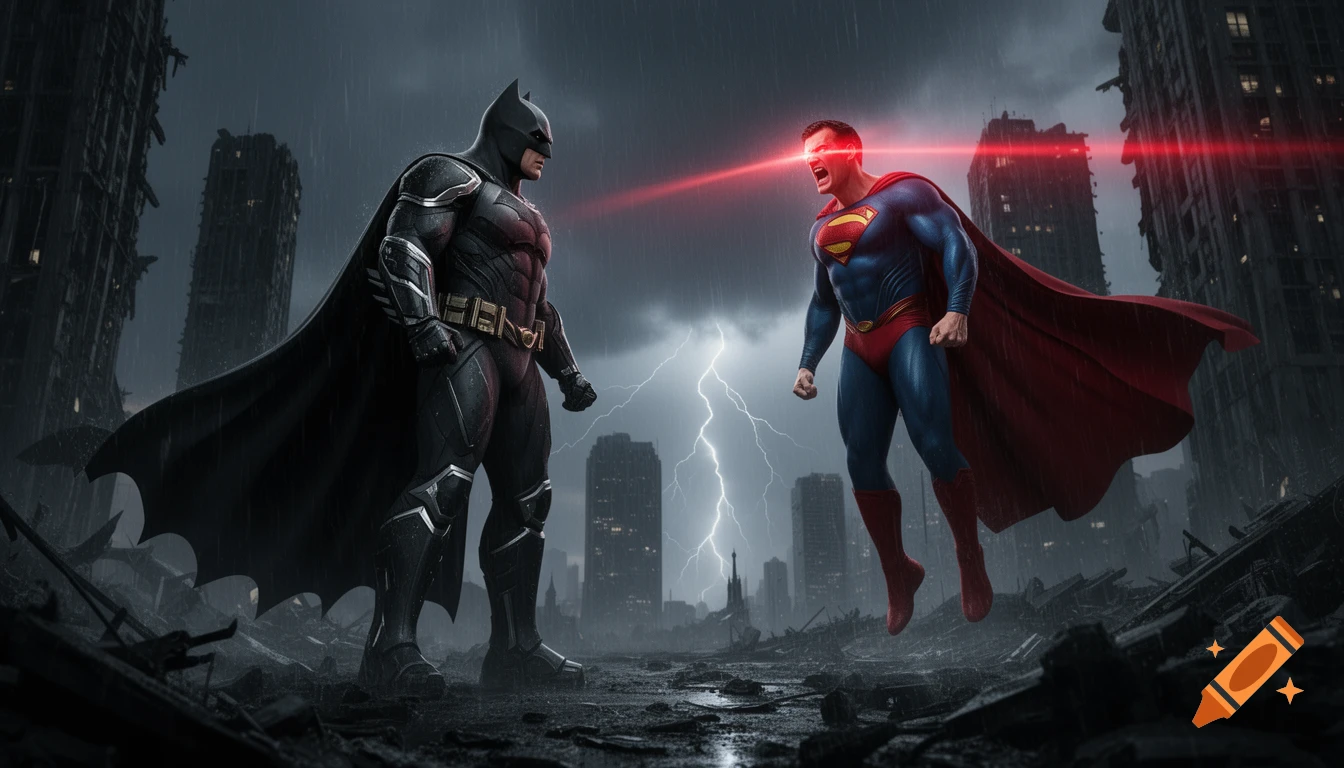 Photorealistic Batman in armored suit faces an enraged Superman with laser eyes in a destroyed, rainy city with lightning.