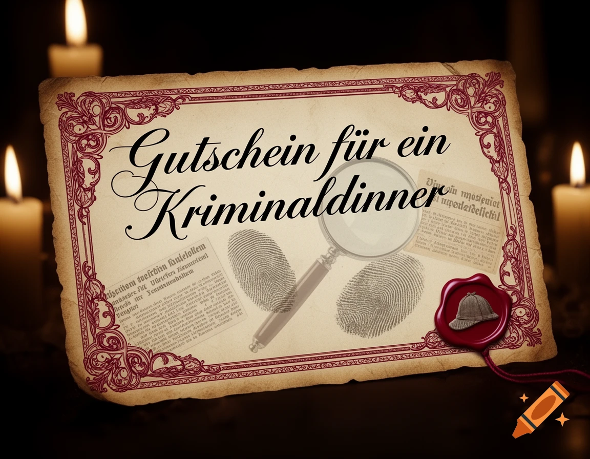 An antique-style voucher for a "Kriminaldinner" with elegant script, surrounded by a decorative border. It features a magnifying glass, fingerprints, and a red wax seal with a Sherlock Holmes hat, set against a dark background with two lit candles.