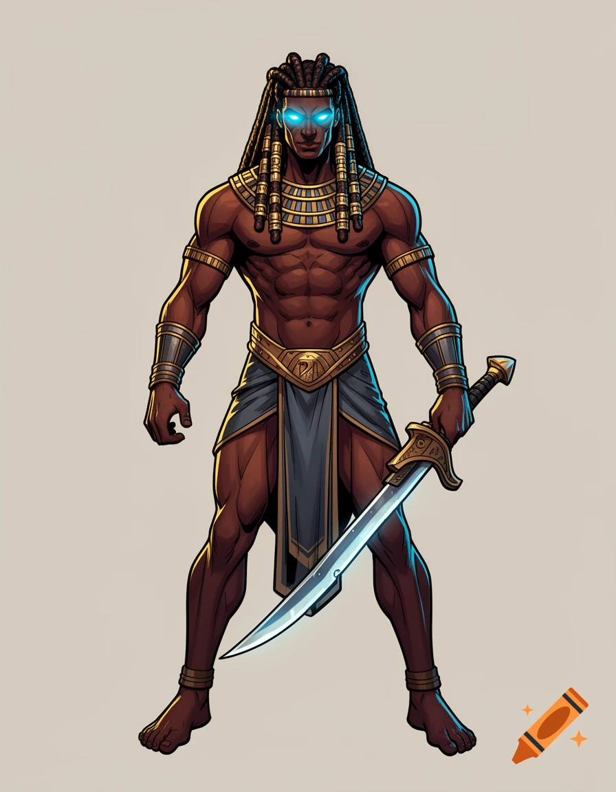 Cel-shaded comic art of a muscular Egyptian warrior with dark skin, dreadlocks, glowing blue eyes, and golden armor, holding a curved sword.