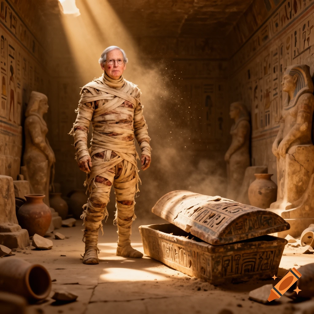 Photorealistic image of Mitch McConnell wrapped as a mummy, standing in a dusty ancient Egyptian tomb with an open sarcophagus and statues.