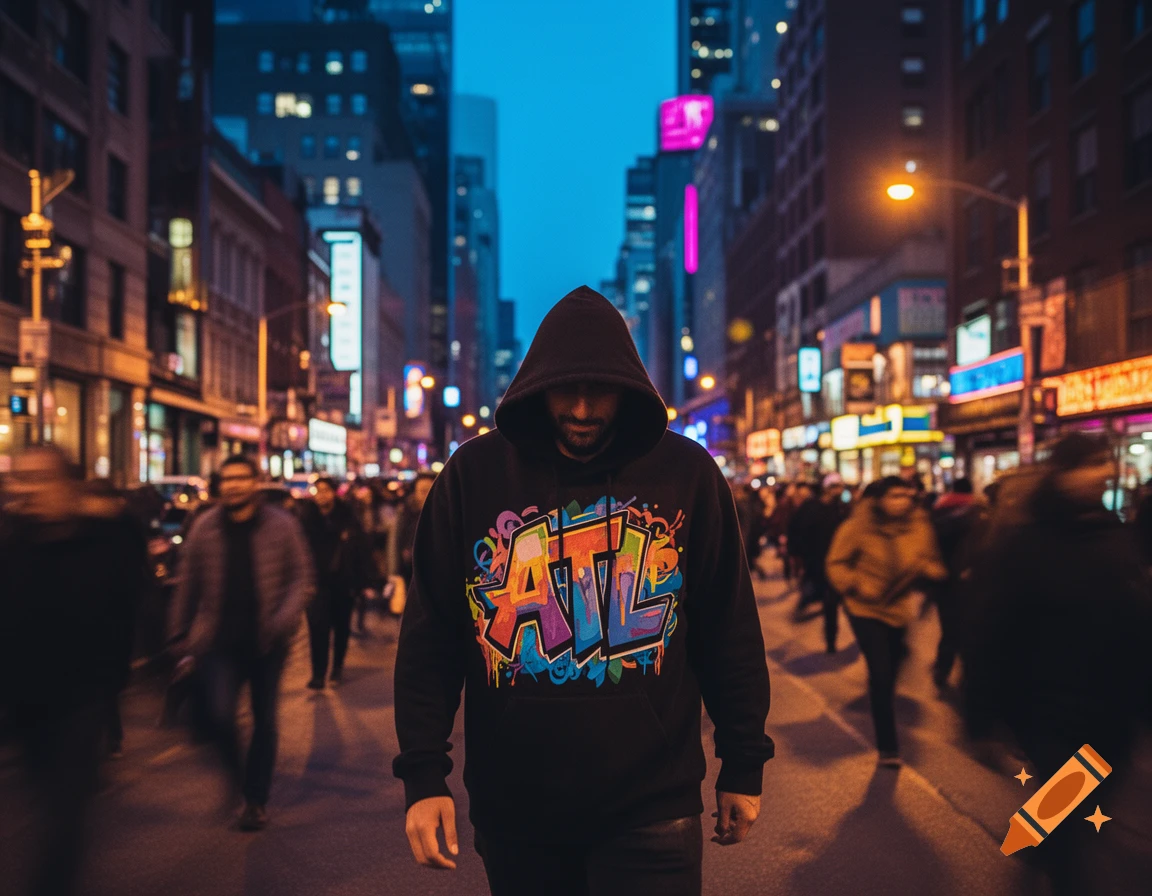A man in a black hoodie with a colorful ATL graffiti design walks through a busy, neon-lit city street at night.