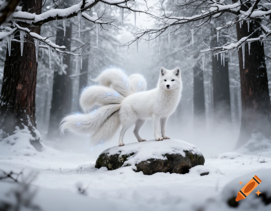 A white ninetale fox with glowing tails stands on a snow-covered rock in an enchanted winter forest with icicles.