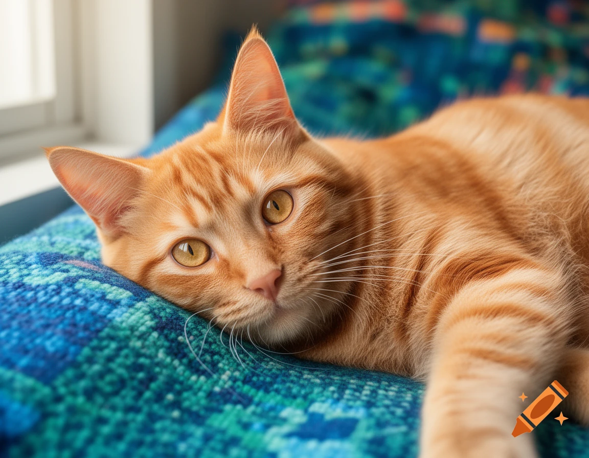 A photorealistic orange tabby cat with yellow eyes lies on a blue and green textured blanket near a window.