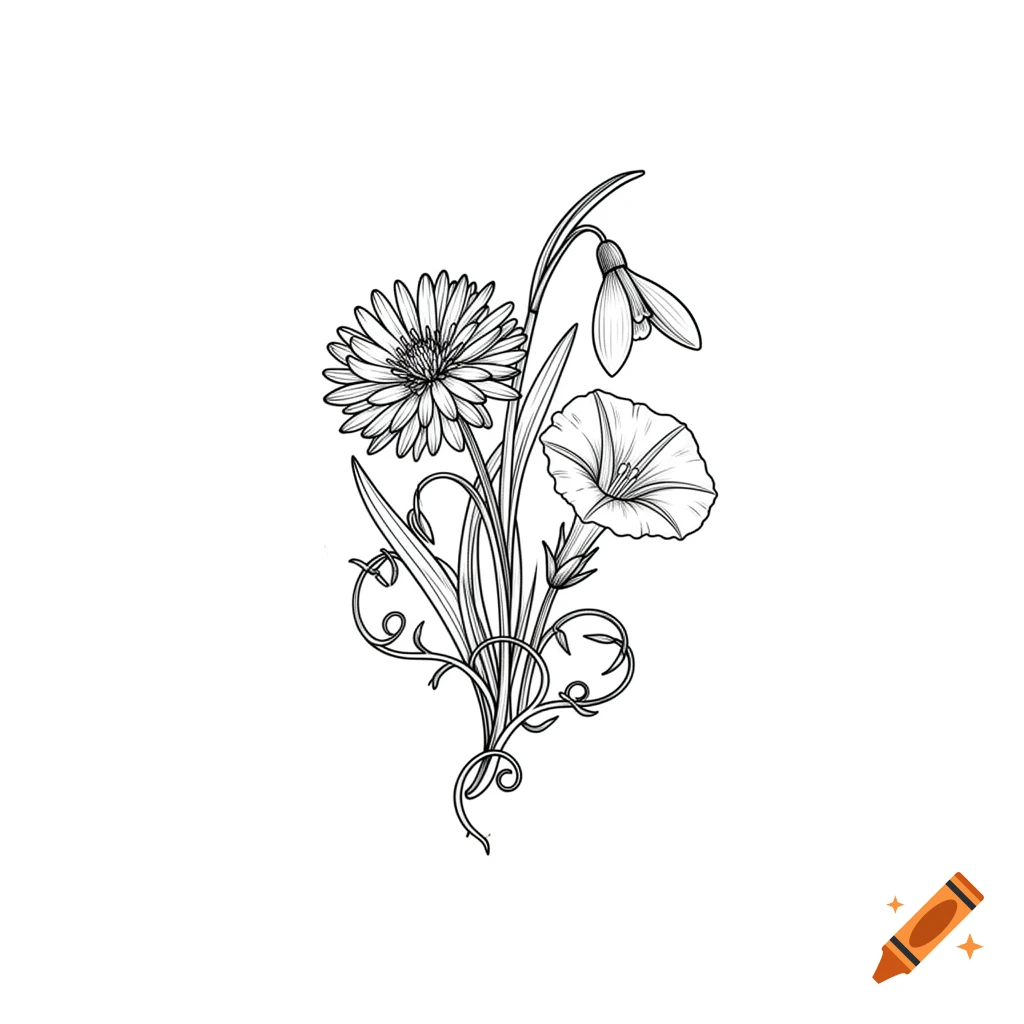 Black fine line drawing of intertwined aster, snowdrop, and morning glory flowers on a white background, in a tattoo style.