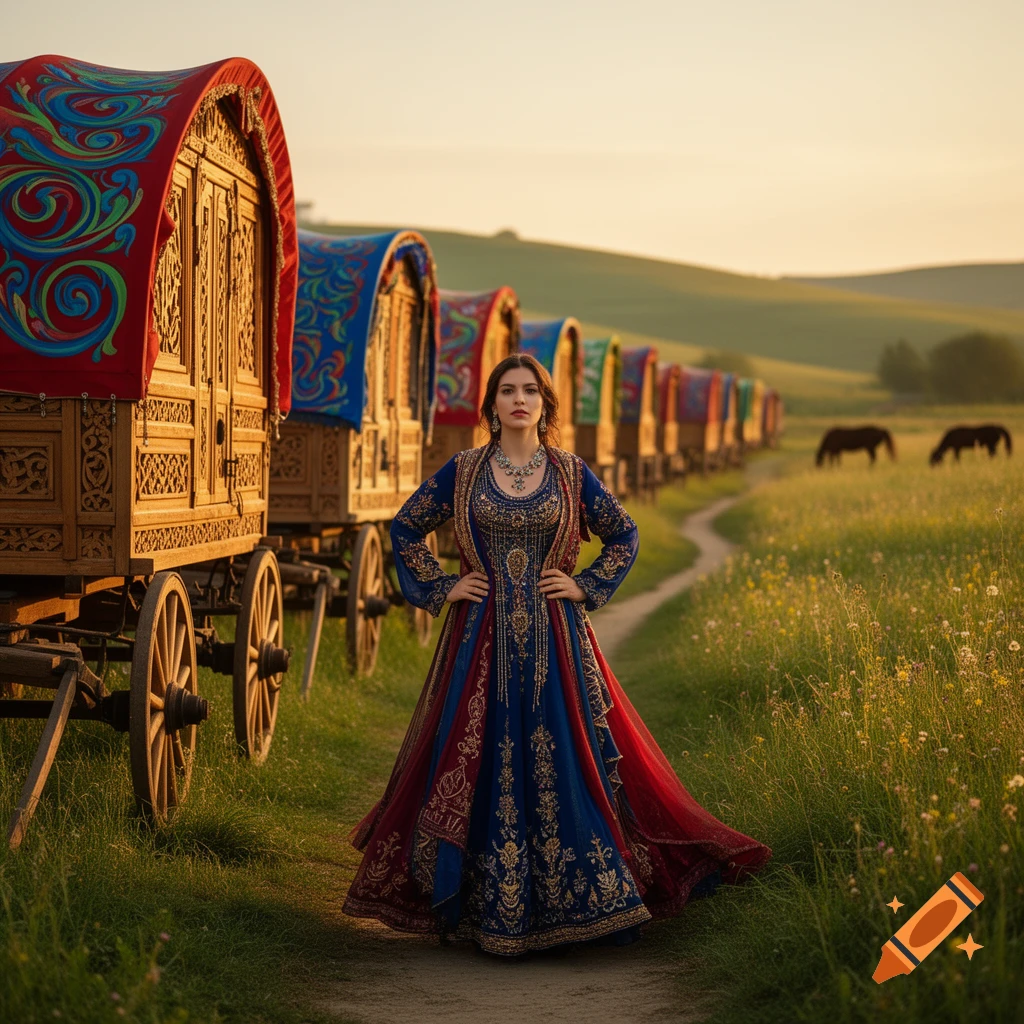 A woman in an ornate blue and red dress stands on a path beside colorful caravans in a sunny, grassy field with horses and hills.