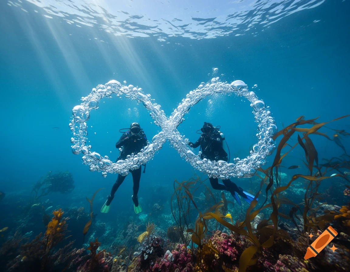 Two divers underwater create an infinity symbol with bubbles, amidst coral and kelp with sun rays.