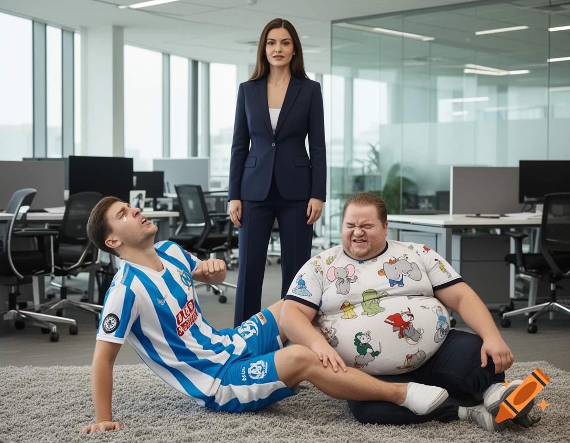 A woman in a suit stands in an office while two men, one in a football jersey and the other in a cartoon t-shirt, throw a tantrum on the floor.