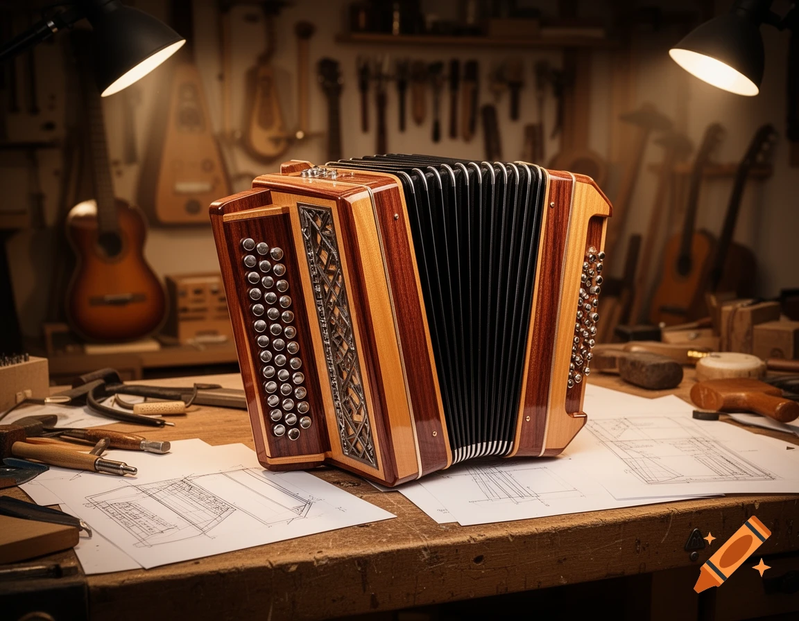 A custom wooden accordion-like instrument rests on a workbench with tools and blueprints, illuminated by desk lamps in a warm workshop.