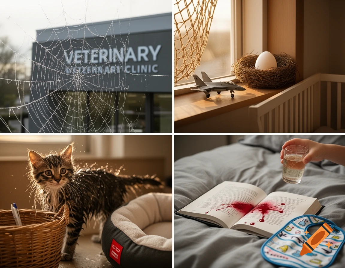 A four-panel collage. Top left: a dewy spider web with a "VETERINARY CLINIC" sign. Top right: a toy jet, egg in nest, fishing net by a window. Bottom left: a wet tabby kitten with a basket and pen. Bottom right: a hand holding a glass of water over a book with red splatters, and a baby bib.