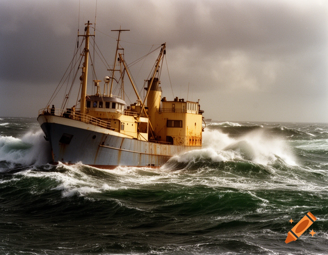 Retro photo of a blue-grey fishing trawler with a yellow superstructure in rough green seas under a stormy sky.