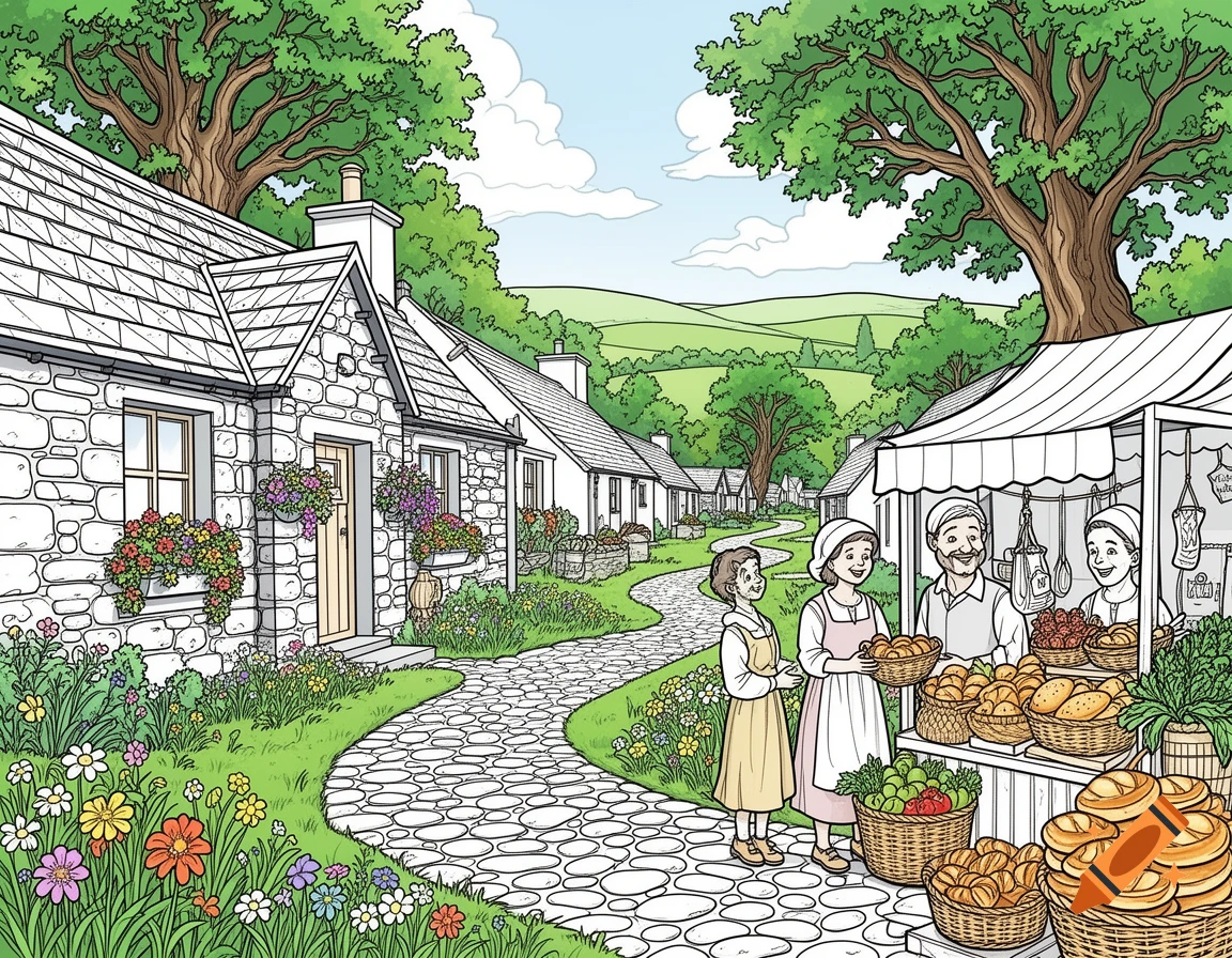 A coloring page illustration of an Irish village with stone cottages, a winding path, and a market stall with people, bread, and produce.