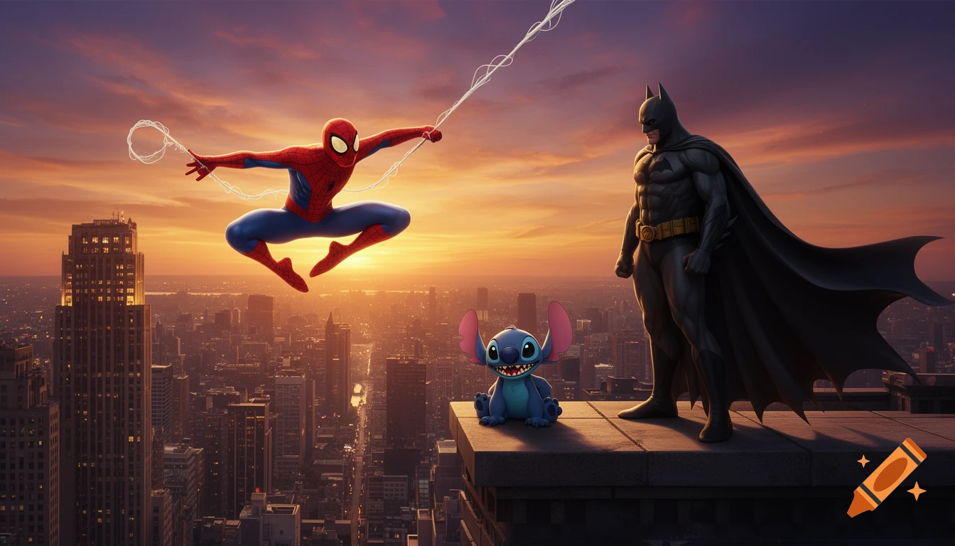 Spider-Man swings above a city at sunset, with Batman standing and Stitch sitting on a rooftop edge, cinematic style.