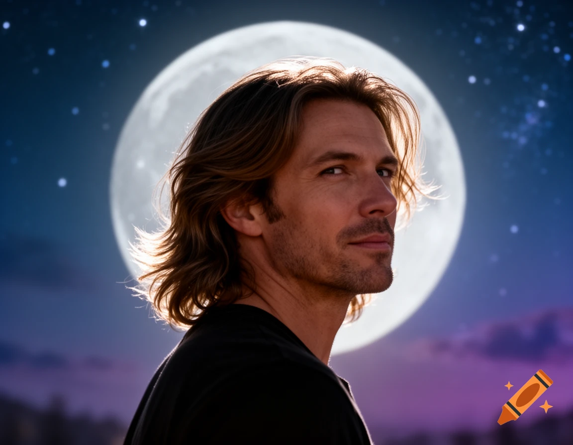A man with long brown hair looks over his shoulder, backlit by a large full moon in a starry, twilight sky.