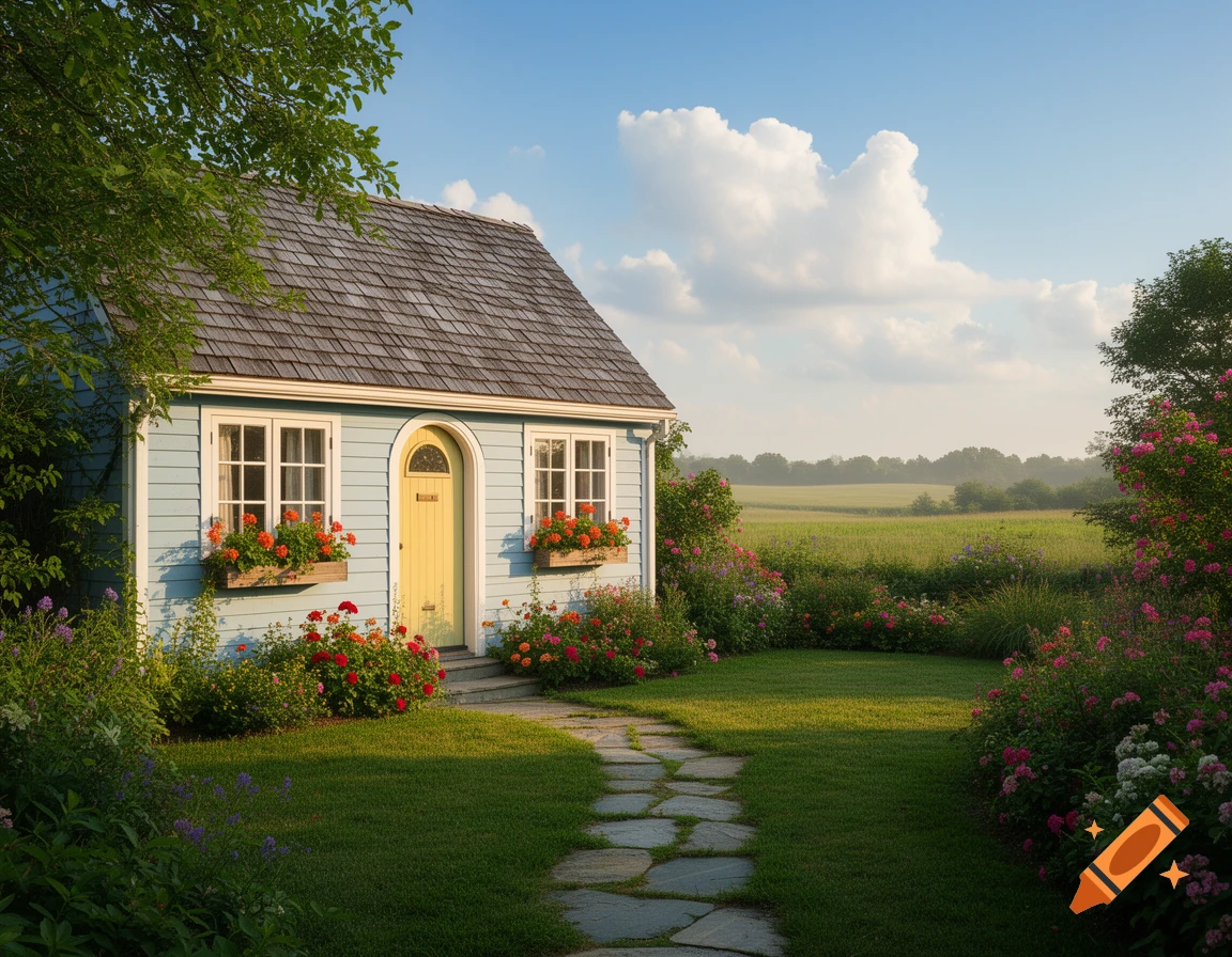 A charming light blue cottage with a yellow door, surrounded by a vibrant flower garden and a stone path on a green lawn.
