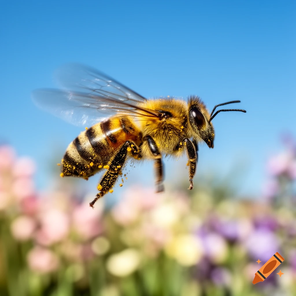 A detailed honey bee in flight, covered in yellow pollen, against a bright blue sky and blurred colorful flowers.