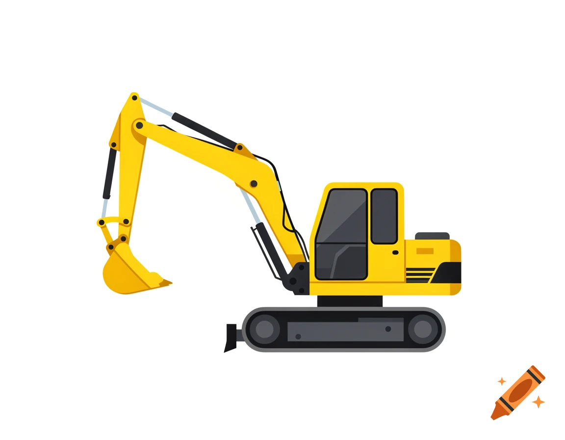 Flat vector illustration of a yellow mini excavator shown in a side view, isolated on a white background.