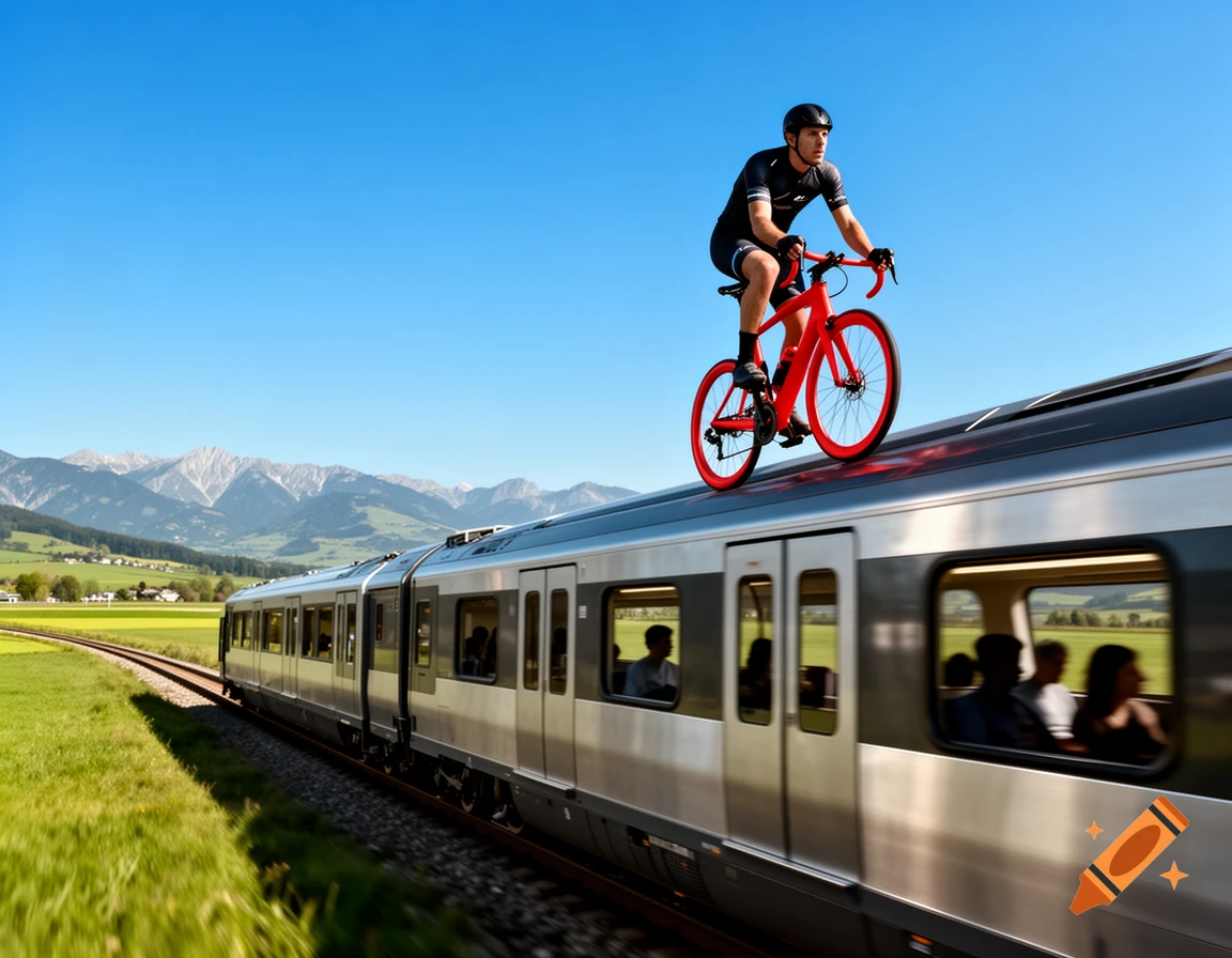 A cyclist on a red racing bike rides atop a speeding silver train, with green fields and distant mountains under a clear blue sky.
