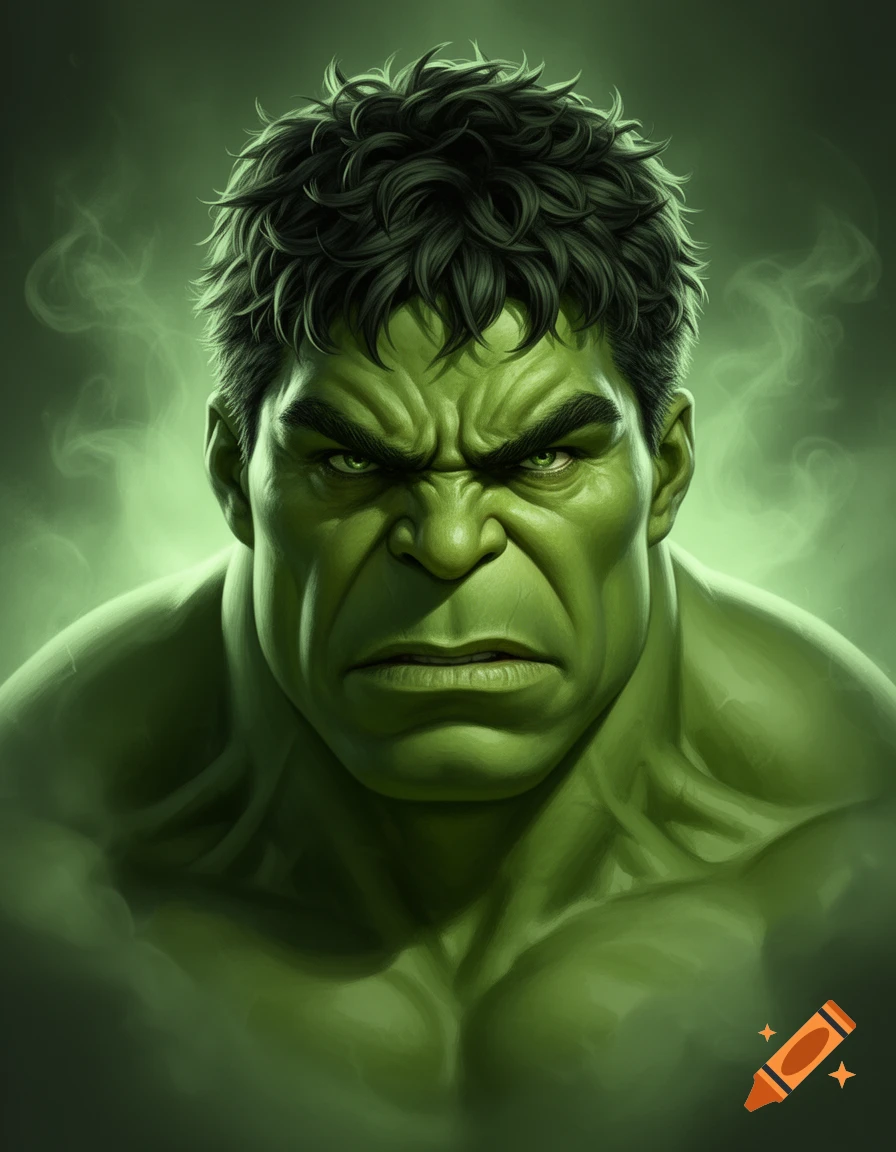 A close-up, angry portrait of the Incredible Hulk with green skin, dark messy hair, and glowing green eyes, surrounded by green mist.