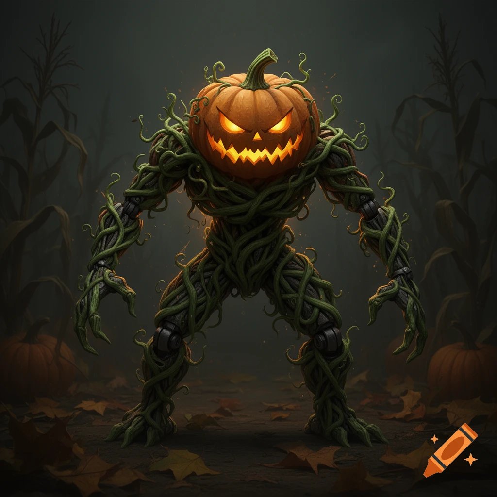 A menacing pumpkin monster with a glowing carved face and a body made of intertwining vines and mechanical joints stands in a dark cornfield.