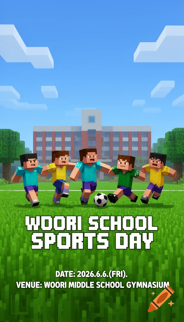 Minecraft-style poster for Woori School Sports Day, showing five blocky characters playing soccer in front of a school building.