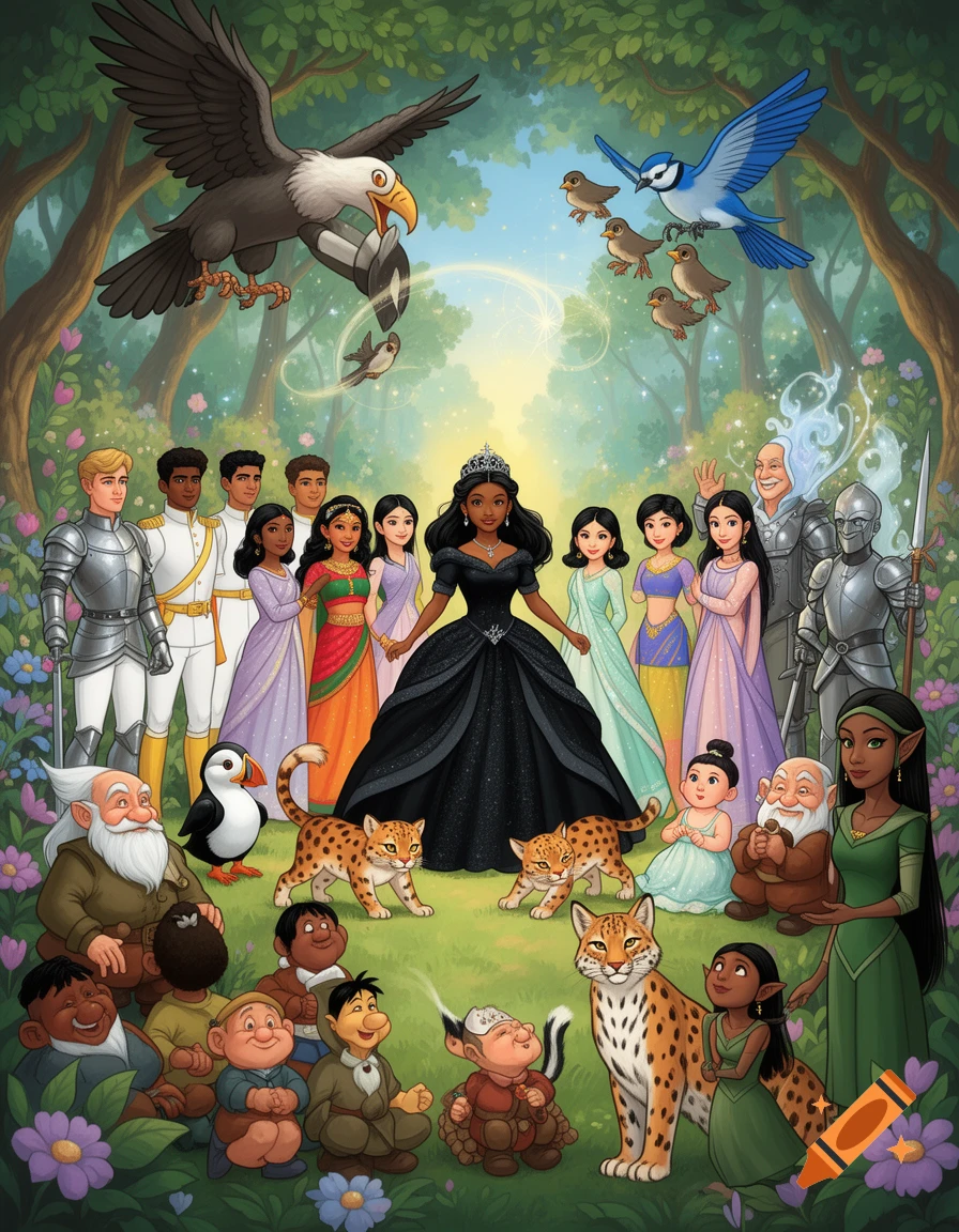 A diverse group of animated fantasy characters, including princesses, princes, knights, dwarves, elves, and various animals, gathered in a lush, magical forest clearing under a bright sky.