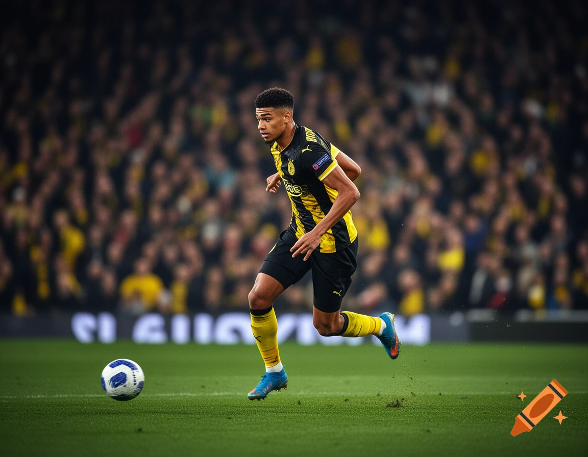 A male soccer player in a yellow and black striped jersey dribbles a ball on a green field in a stadium.