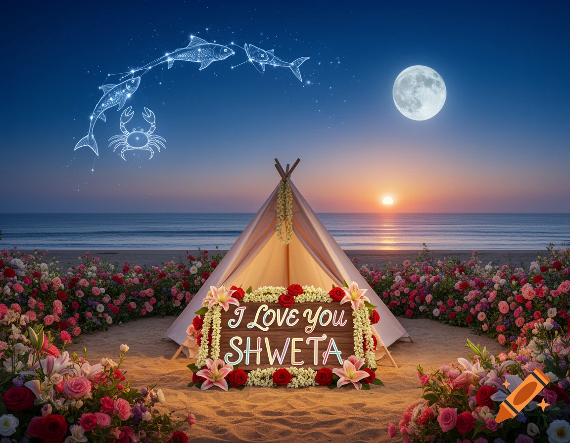 Romantic beach scene at dusk with a tent and a sign saying "I Love you SHWETA" surrounded by flowers. A full moon, sunset, and Pisces and Cancer constellations are in the sky.