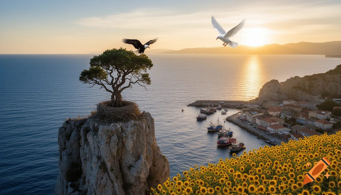 An eagle on a cliffside tree, a white dove flying, and a sunflower field overlooking a harbor village at sunrise.