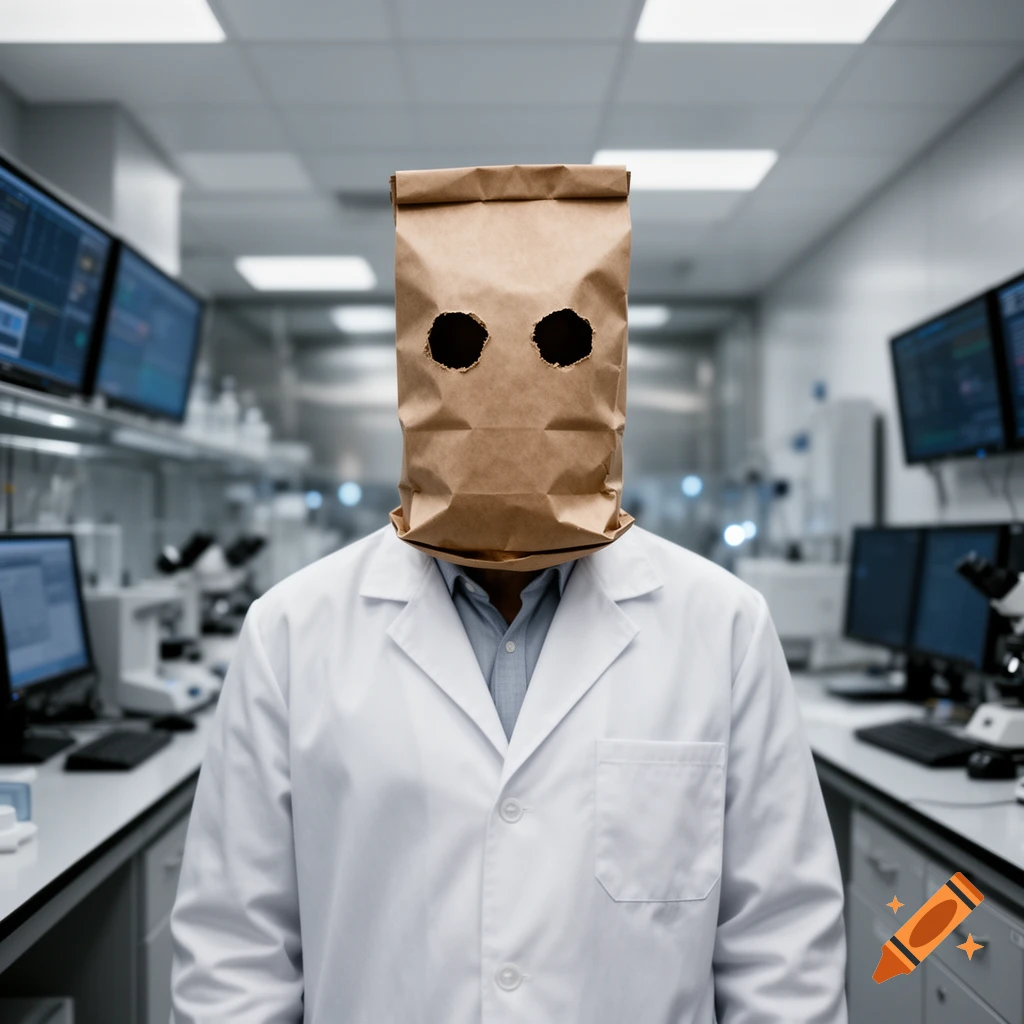 A person in a lab coat with a brown paper bag over their head with black holes for eyes, standing in a photorealistic science laboratory.