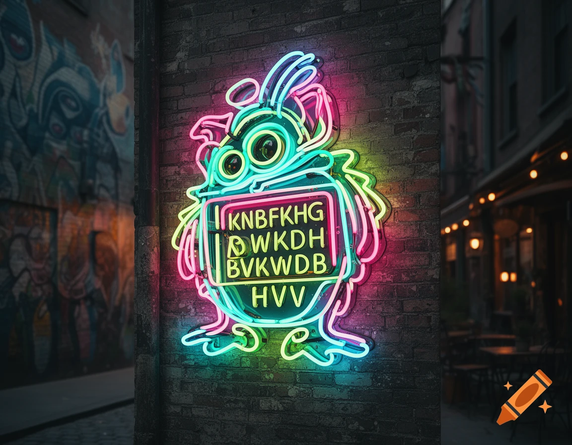 A vibrant neon sign shaped like a cartoon monster with colorful lights and garbled text, fixed to a brick wall in an urban alley.