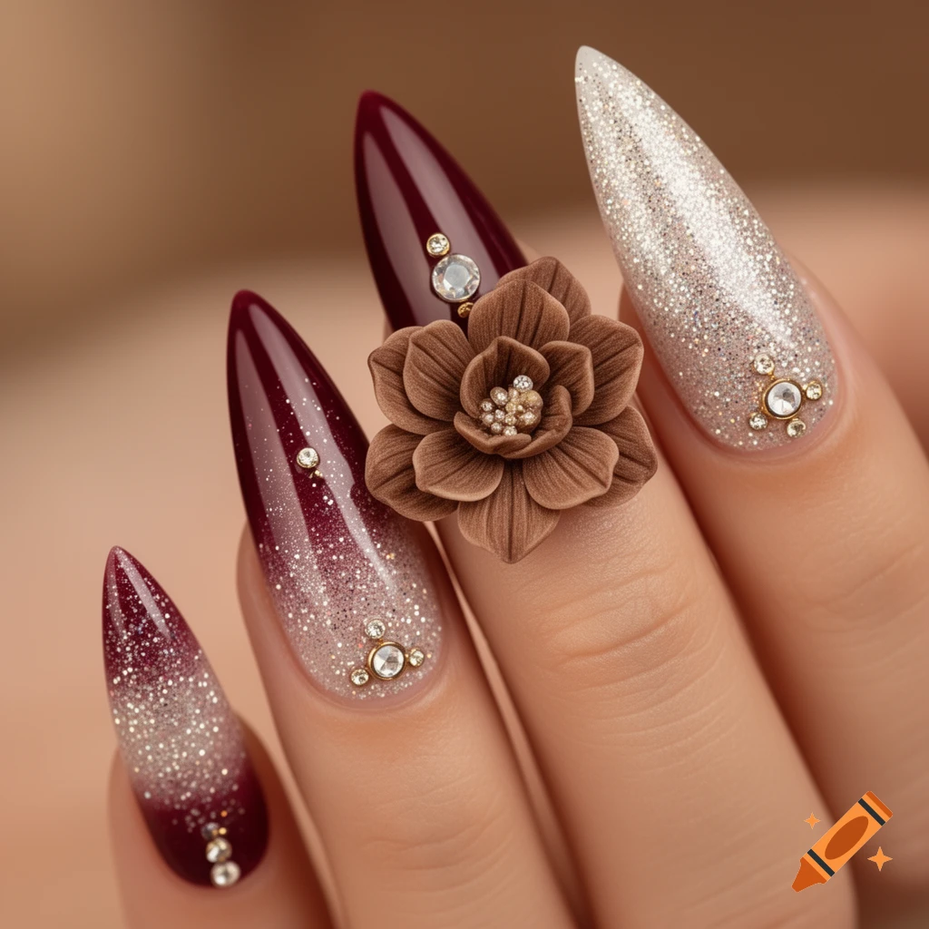 Elegant stiletto nails with deep red and silver glitter ombre, rhinestones, and a brown 3D flower.