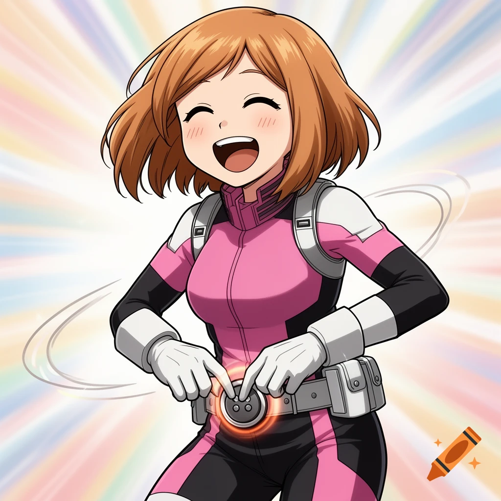 Ochaco Uraraka from My Hero Academia, in her pink and black hero suit, laughs while pressing a button on her belt in an anime style.