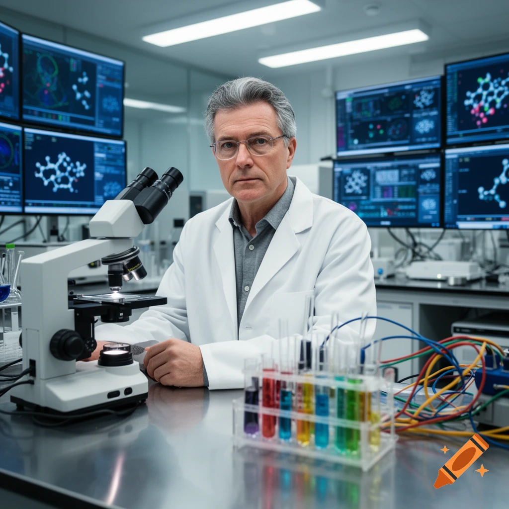 A serious male scientist in a white lab coat sits at a desk with a microscope, test tubes, and monitors displaying molecular structures.