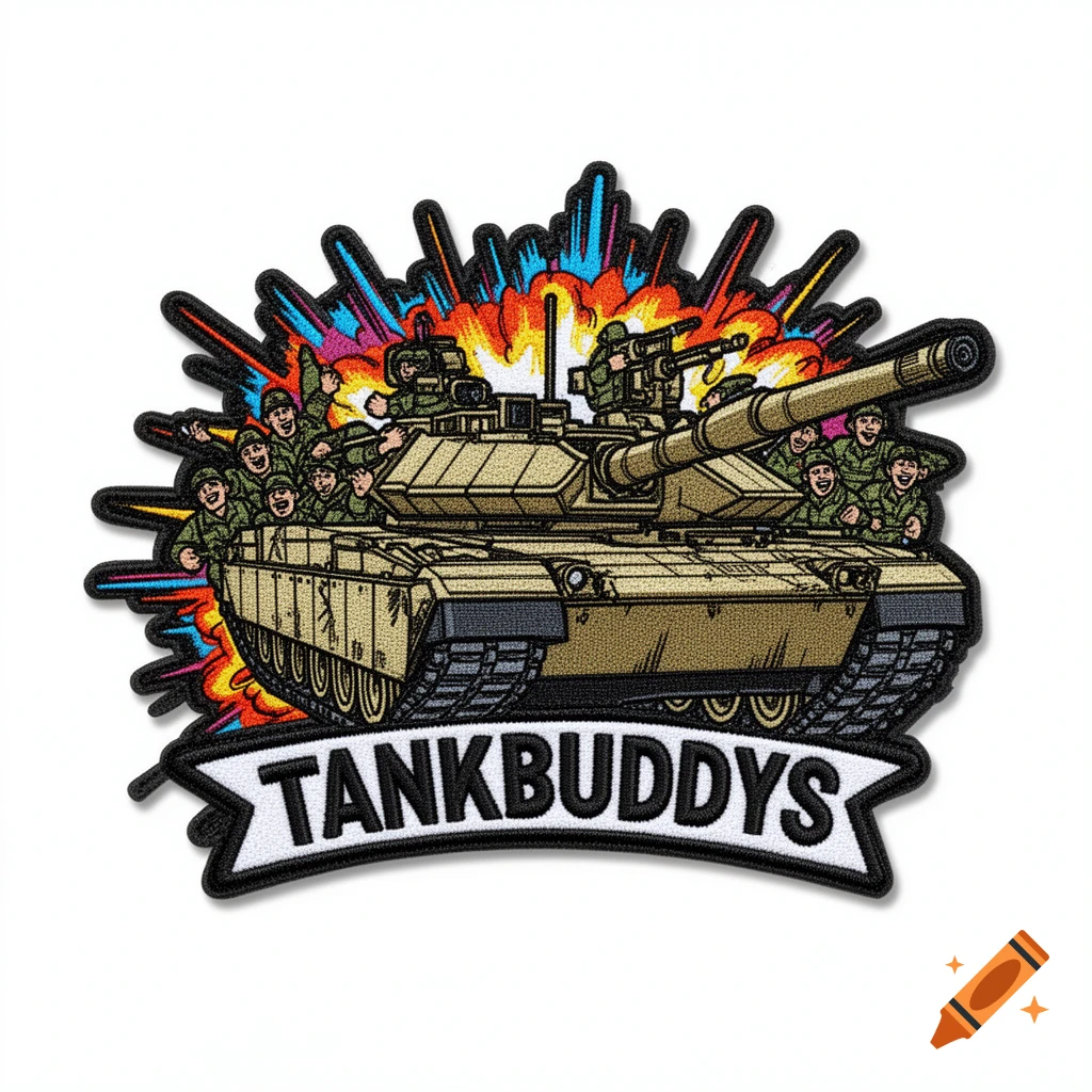Cartoon military patch featuring a tan tank with smiling soldiers, a colorful explosion, and "TANKBUDDYS" text.