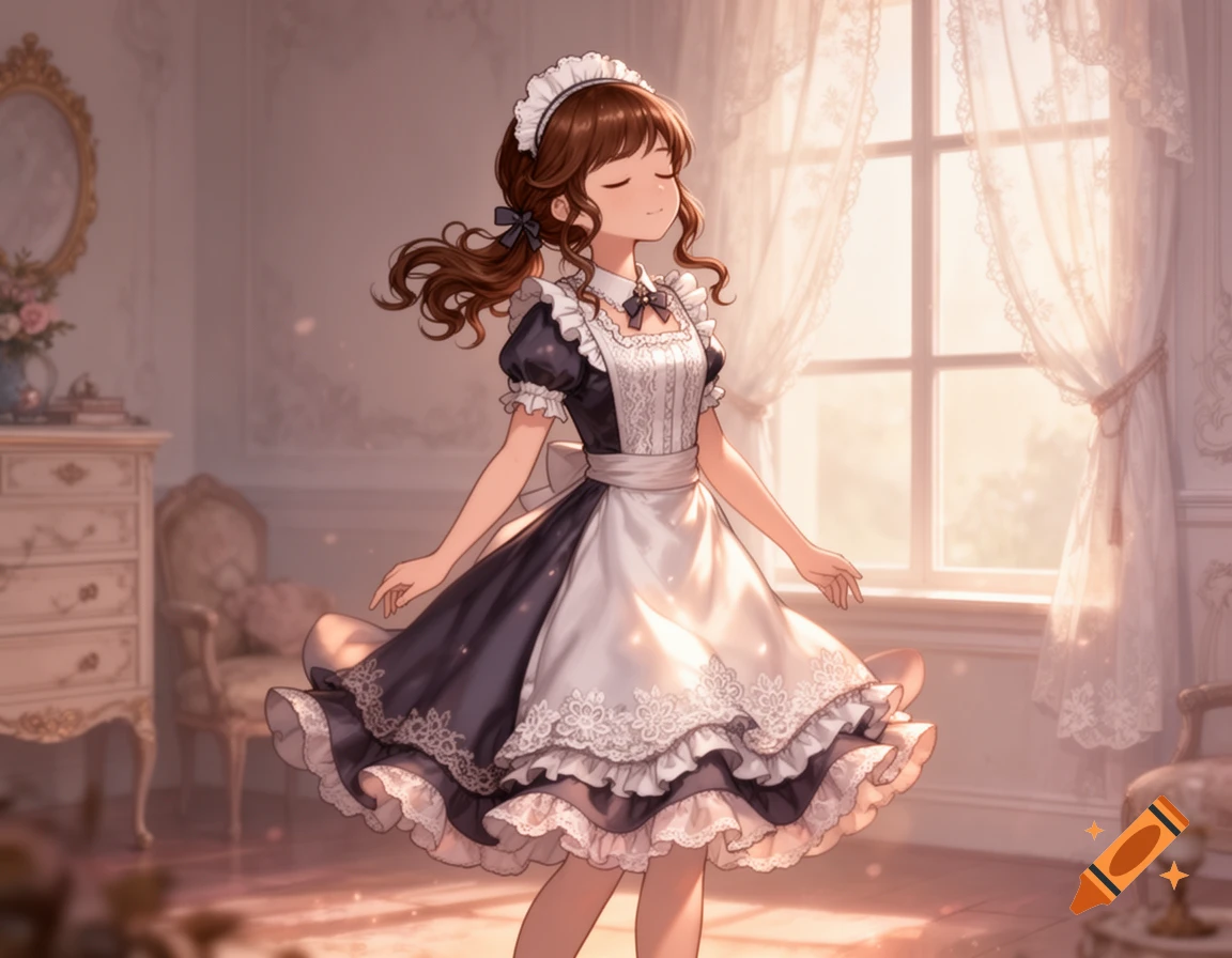 An anime girl with brown hair in a dark blue and white maid dress stands in a sunlit room, eyes closed, smiling gently.