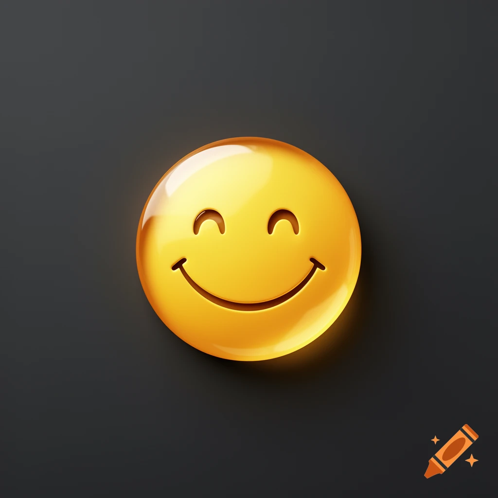 A glossy yellow 3D smiley face with closed eyes and a wide smile on a dark gray background.