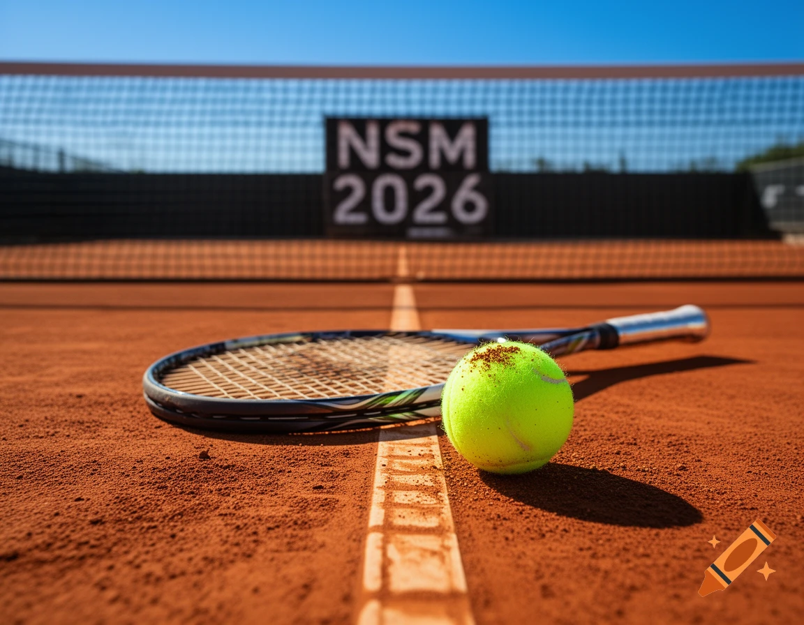 A tennis racket and a tennis ball rest on a sunny clay court, with a net and a scoreboard displaying 'NSM 2026' in the background.