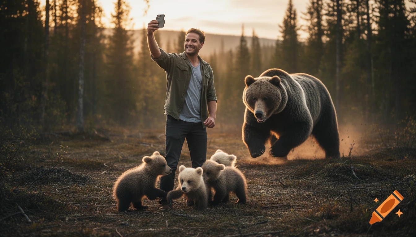 A smiling man takes a selfie with three baby bears in a forest as a large grizzly bear charges behind him during sunset.