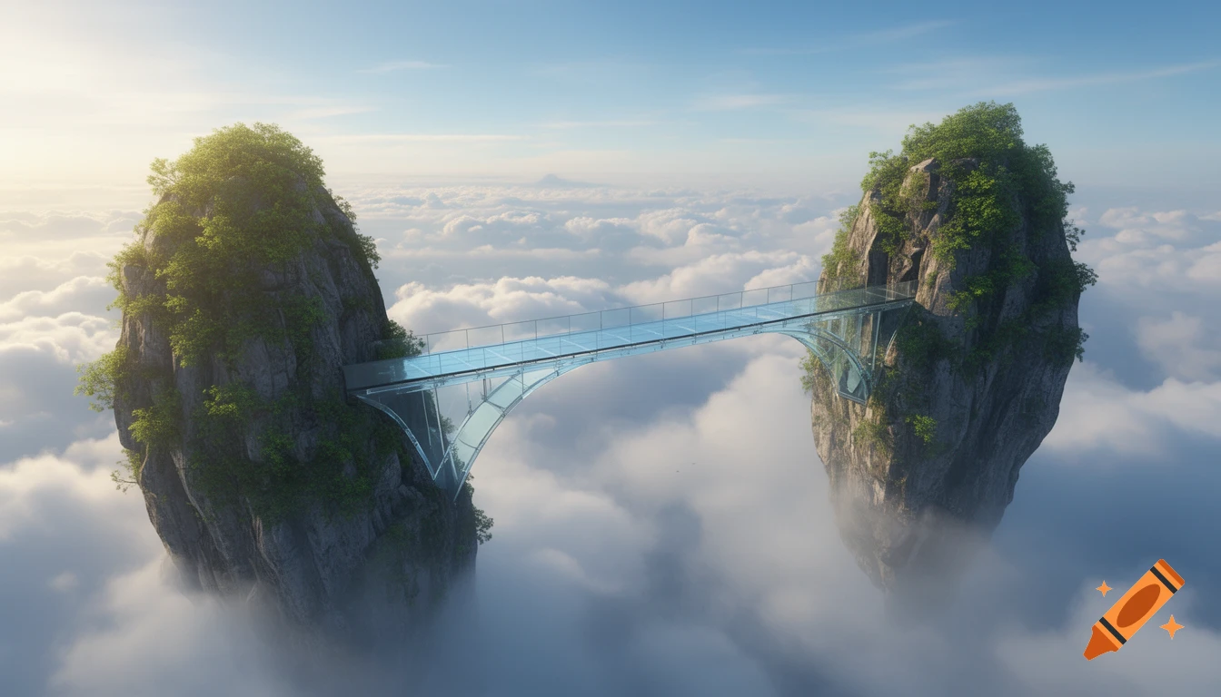 A futuristic glass bridge connects two lush green floating mountains high above a sea of clouds under a bright sky.